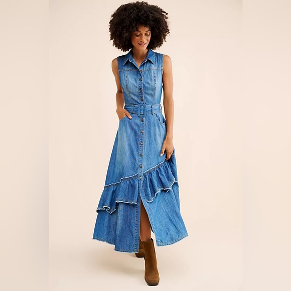 Free People Dresses & Skirts - Free People Blue Denim Sleeveless Maxi Dress with Ruffle Detail